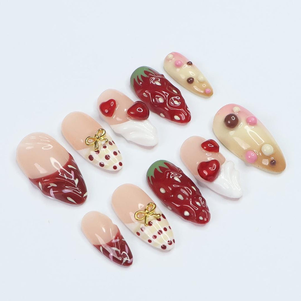 Sweet Treat Press-On Nails With 3D Chocolate Drizzle, Strawberries & Hearts - Handmade Cute Nail Set For Valentine's Day Or Gift For Her