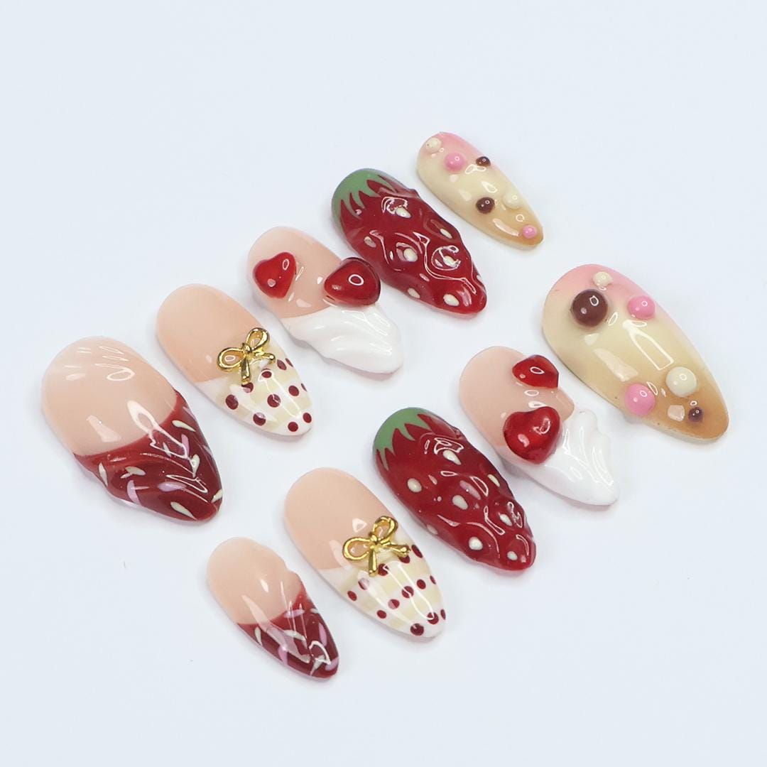 Sweet Treat Press-On Nails With 3D Chocolate Drizzle, Strawberries & Hearts - Handmade Cute Nail Set For Valentine's Day Or Gift For Her