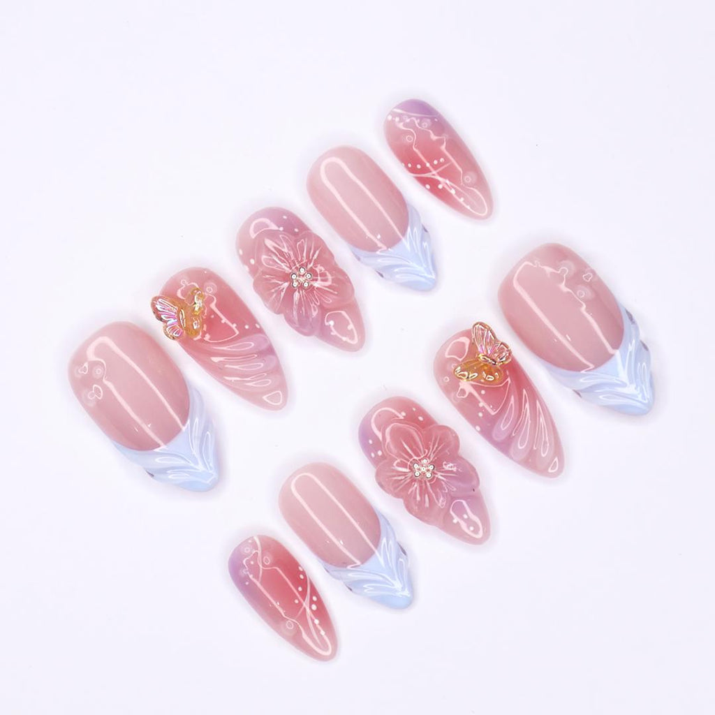 Handmade Floral Press-On Nails With Pink & Blue Ombre, 3D Flowers, Butterfly - Almond Fake Nails, Perfect For Birthdays, Events And Gifts