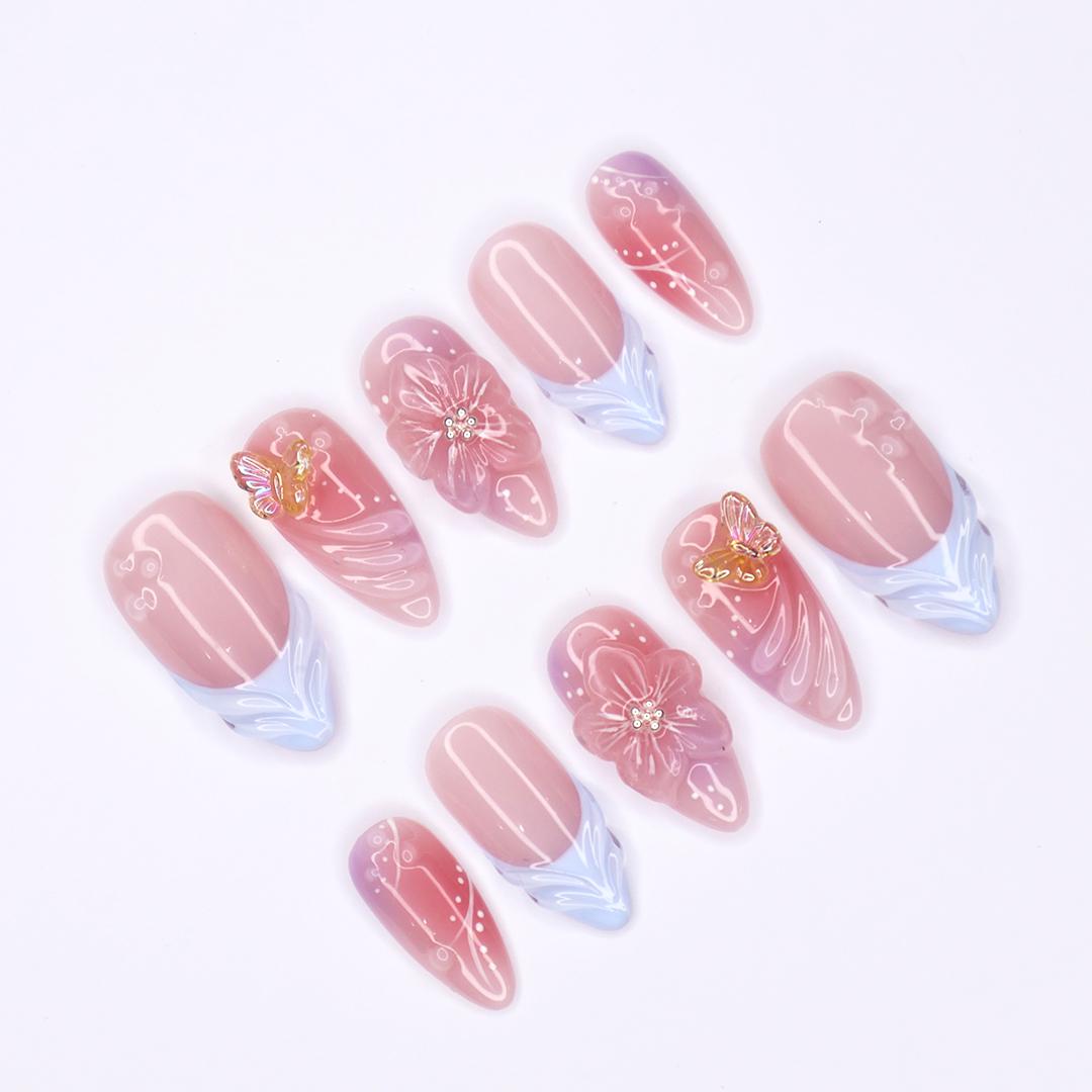 Handmade Floral Press-On Nails With Pink & Blue Ombre, 3D Flowers, Butterfly - Almond Fake Nails, Perfect For Birthdays, Events And Gifts