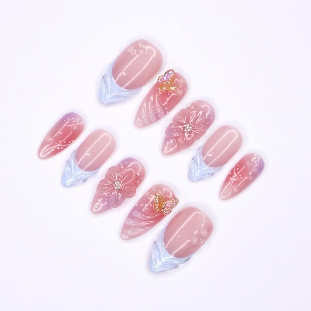 Handmade Floral Press-On Nails With Pink & Blue Ombre, 3D Flowers, Butterfly - Almond Fake Nails, Perfect For Birthdays, Events And Gifts