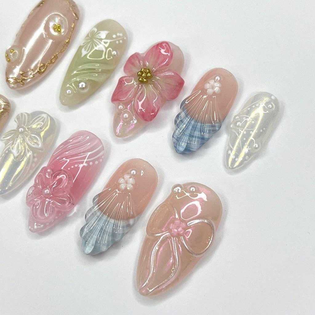 Summer Nails with 3D Flowers and Pearls, Medium Fake Press On Nails in Pastel Pink, Green & Blue for Beach Holiday or Summer Gifts