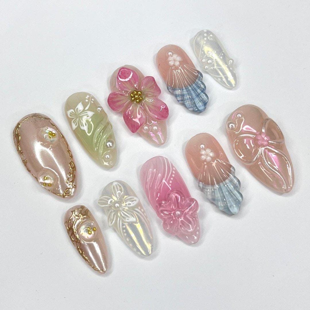 Summer Nails with 3D Flowers and Pearls, Medium Fake Press On Nails in Pastel Pink, Green & Blue for Beach Holiday or Summer Gifts