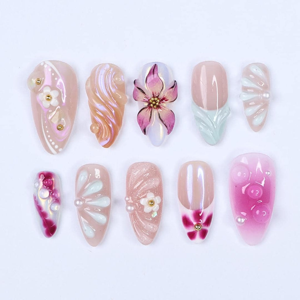 Spring Press On Nails with 3D Flower and Pearl Accents, Medium Almond Fake Nail in Pink and Nude, Elegance Nail Design for Birthday Vacation