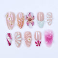 Spring Press On Nails with 3D Flower and Pearl Accents, Medium Almond Fake Nail in Pink and Nude, Elegance Nail Design for Birthday Vacation