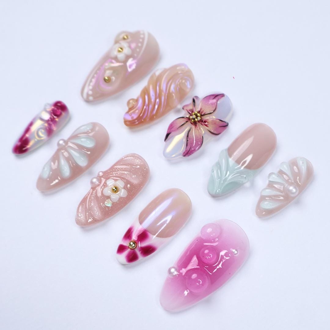 Spring Press On Nails with 3D Flower and Pearl Accents, Medium Almond Fake Nail in Pink and Nude, Elegance Nail Design for Birthday Vacation
