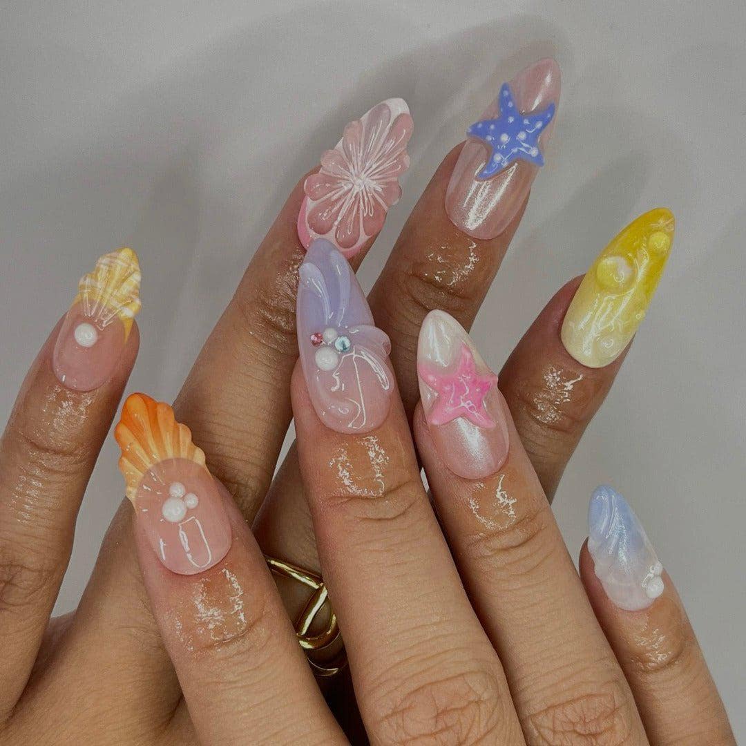 Press On Nails Starfish & Shell with Fruit | Colorful 3D Fake Nails in Medium Almond | Handmade Summer Nail Art for Holiday, Vacation, Gift