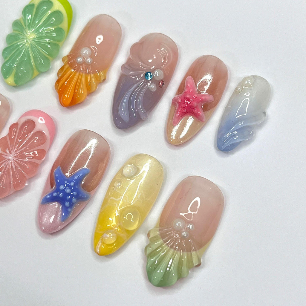 Press On Nails Starfish & Shell with Fruit | Colorful 3D Fake Nails in Medium Almond | Handmade Summer Nail Art for Holiday, Vacation, Gift