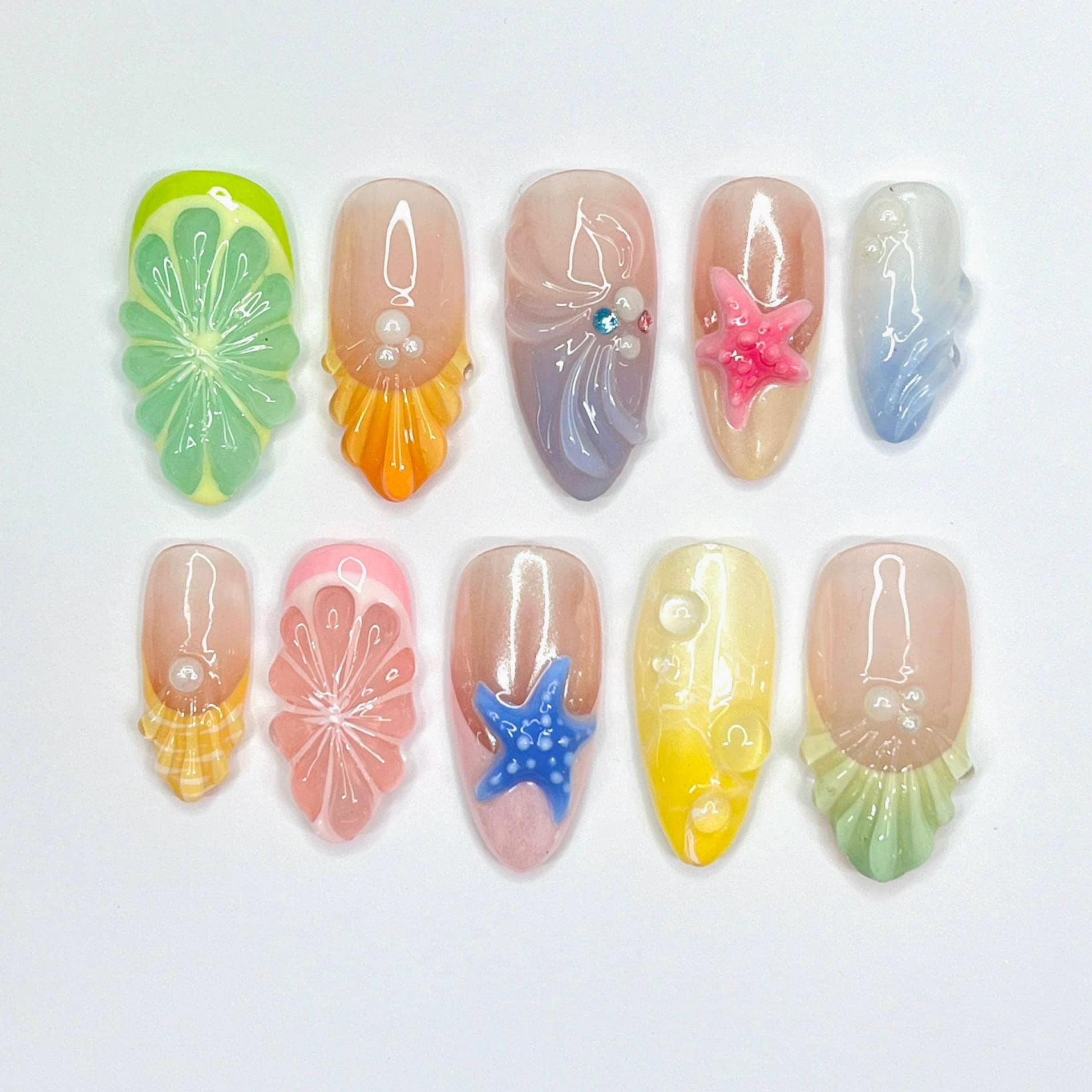 Press On Nails Starfish & Shell with Fruit | Colorful 3D Fake Nails in Medium Almond | Handmade Summer Nail Art for Holiday, Vacation, Gift