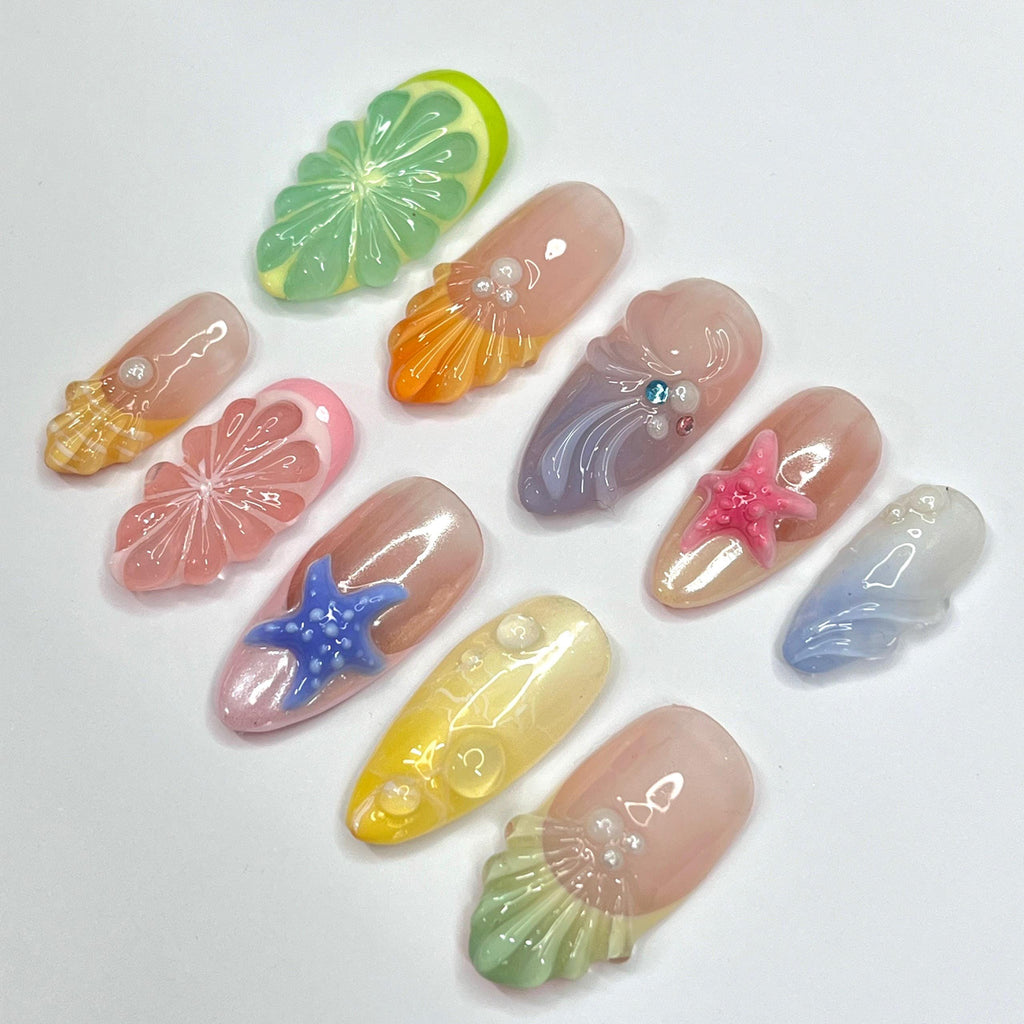 Press On Nails Starfish & Shell with Fruit | Colorful 3D Fake Nails in Medium Almond | Handmade Summer Nail Art for Holiday, Vacation, Gift