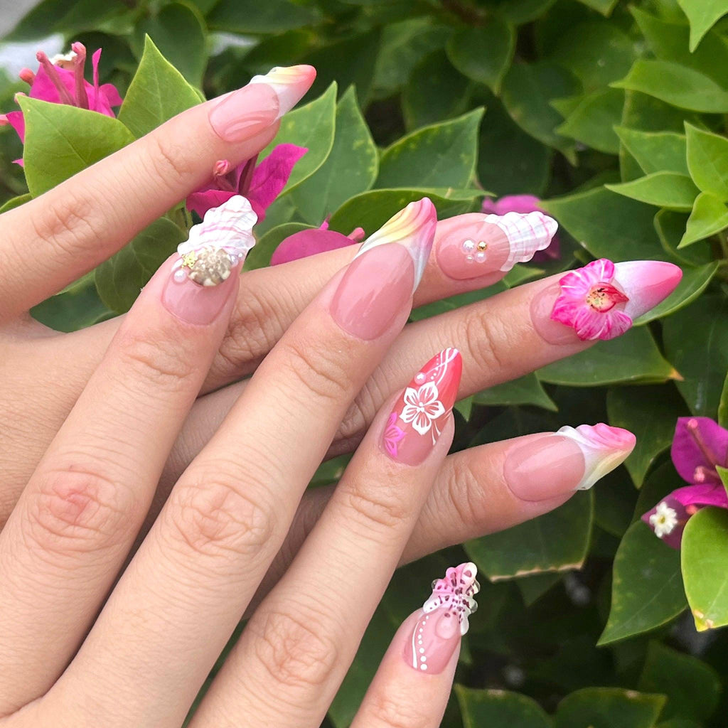 Press On Nails Tropical Orchid with Shell | 3D Fake Nails in Medium Almond | Handmade Summer Nail Art for Holiday, Vacation, Birthday