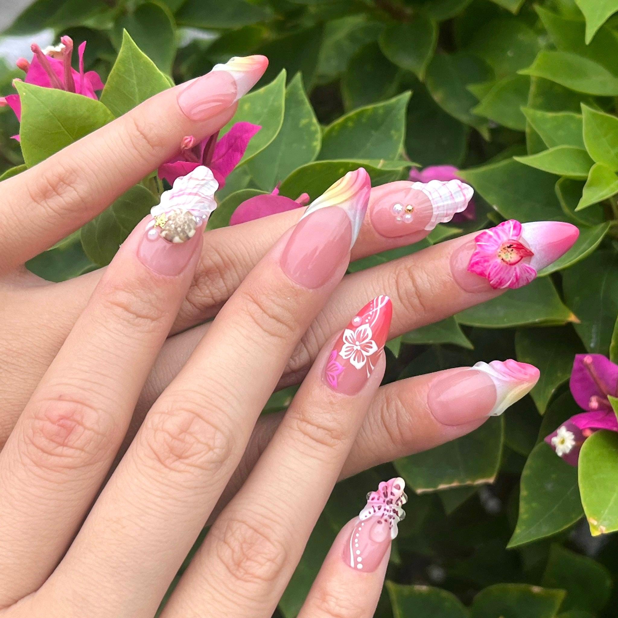 Press On Nails Tropical Orchid with Shell | 3D Fake Nails in Medium Almond | Handmade Summer Nail Art for Holiday, Vacation, Birthday