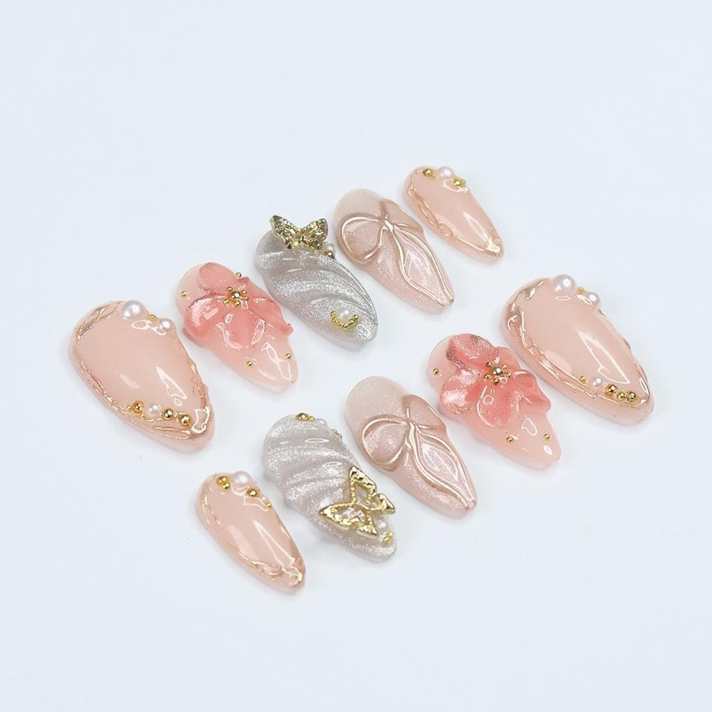 Blush Elegance Press-On Nails with 3D Flowers, Bows & Gold Details - Handmade Chic Nails for a Romantic and Glamorous Look or Gift for Her