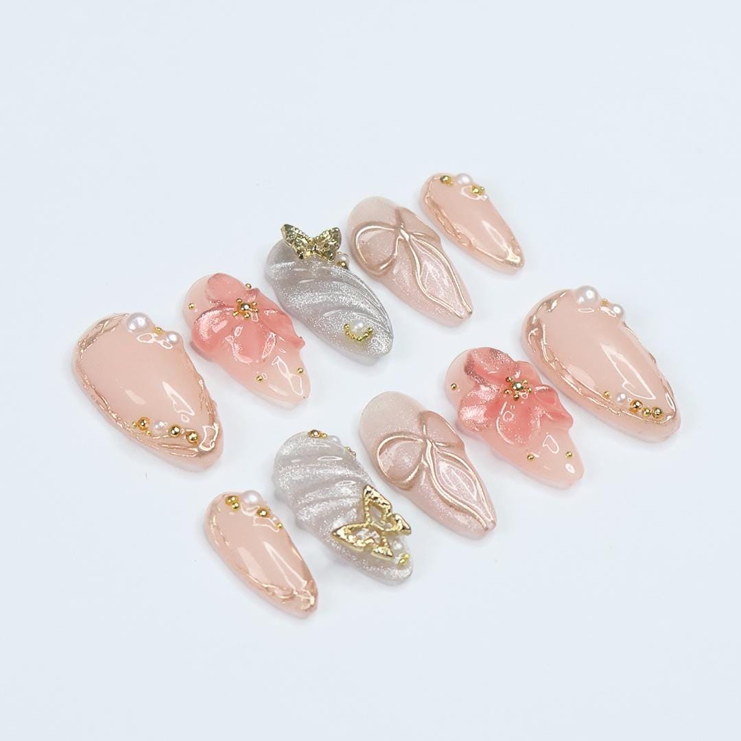 Blush Elegance Press-On Nails with 3D Flowers, Bows & Gold Details - Handmade Chic Nails for a Romantic and Glamorous Look or Gift for Her