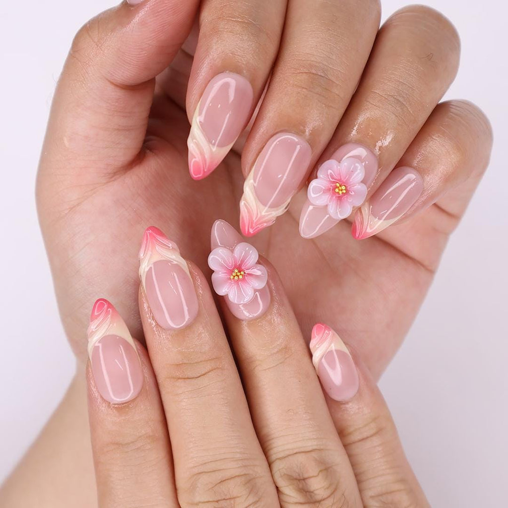 Blooming Grace Almond Press-On Nails with 3D Floral Accent & Blush Ombre - Handmade Elegant Nails for a Romantic, Chic Look or Gift for Her