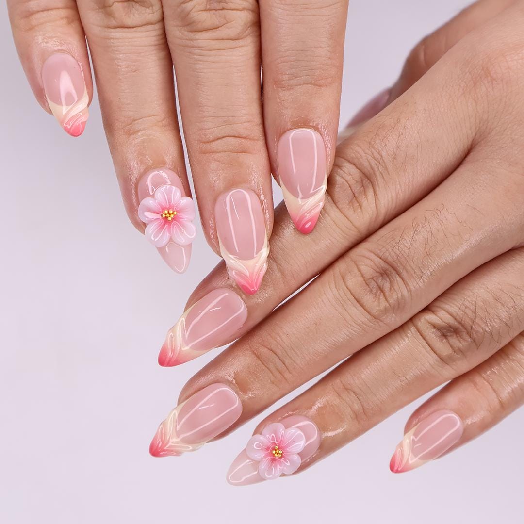 Blooming Grace Almond Press-On Nails with 3D Floral Accent & Blush Ombre - Handmade Elegant Nails for a Romantic, Chic Look or Gift for Her