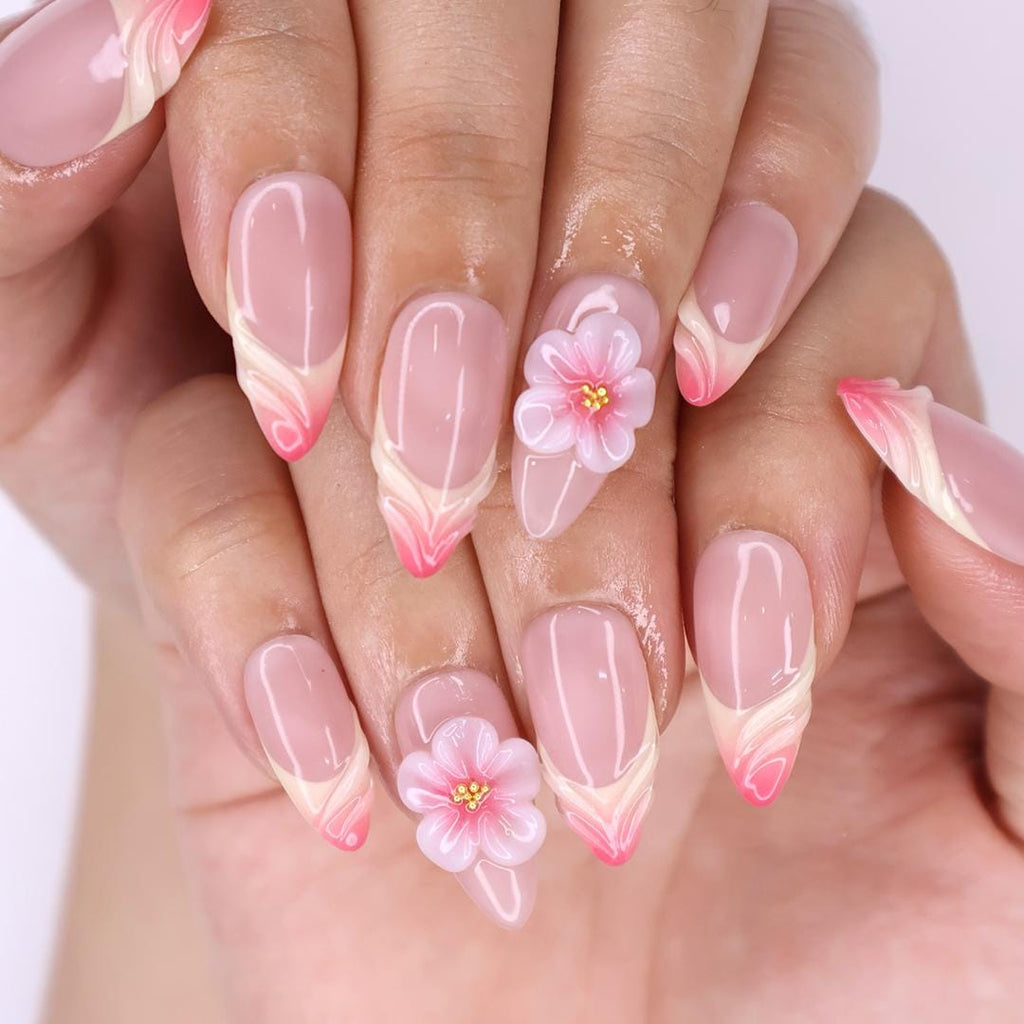 Blooming Grace Almond Press-On Nails with 3D Floral Accent & Blush Ombre - Handmade Elegant Nails for a Romantic, Chic Look or Gift for Her