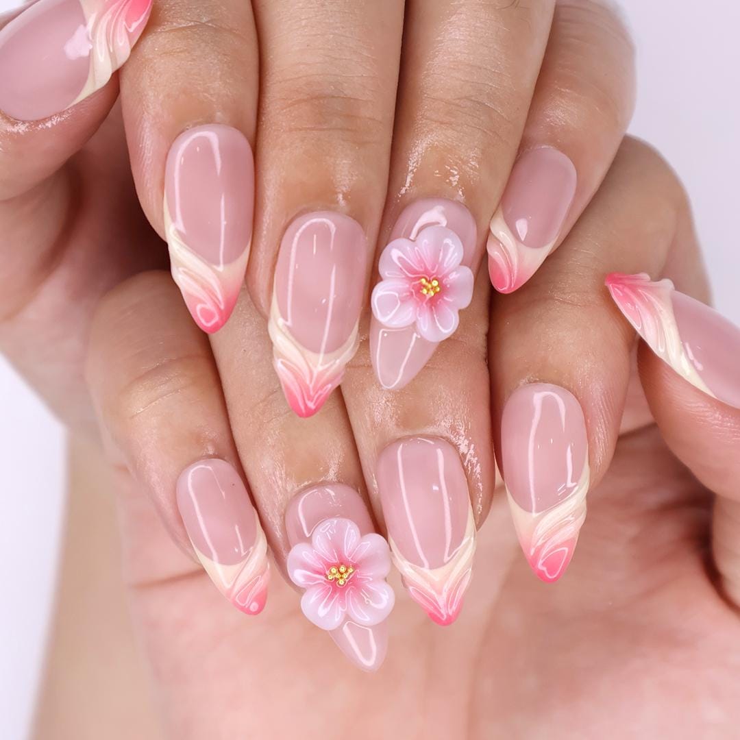 Blooming Grace Almond Press-On Nails with 3D Floral Accent & Blush Ombre - Handmade Elegant Nails for a Romantic, Chic Look or Gift for Her
