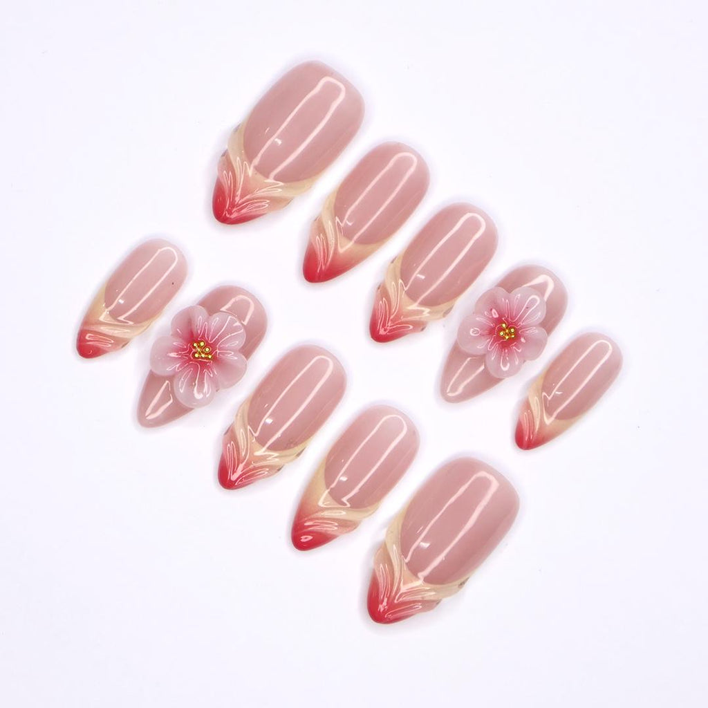 Blooming Grace Almond Press-On Nails with 3D Floral Accent & Blush Ombre - Handmade Elegant Nails for a Romantic, Chic Look or Gift for Her