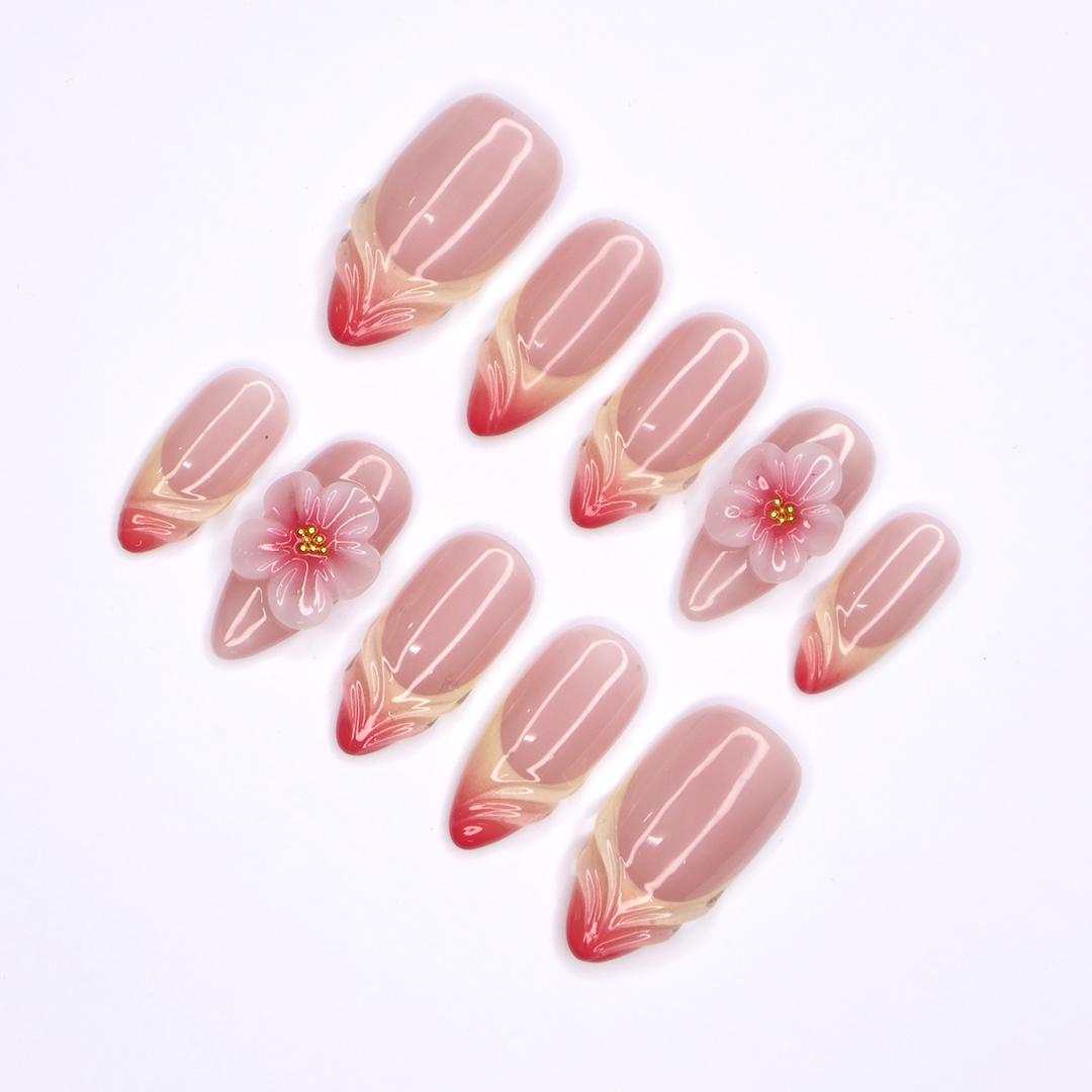 Blooming Grace Almond Press-On Nails with 3D Floral Accent & Blush Ombre - Handmade Elegant Nails for a Romantic, Chic Look or Gift for Her
