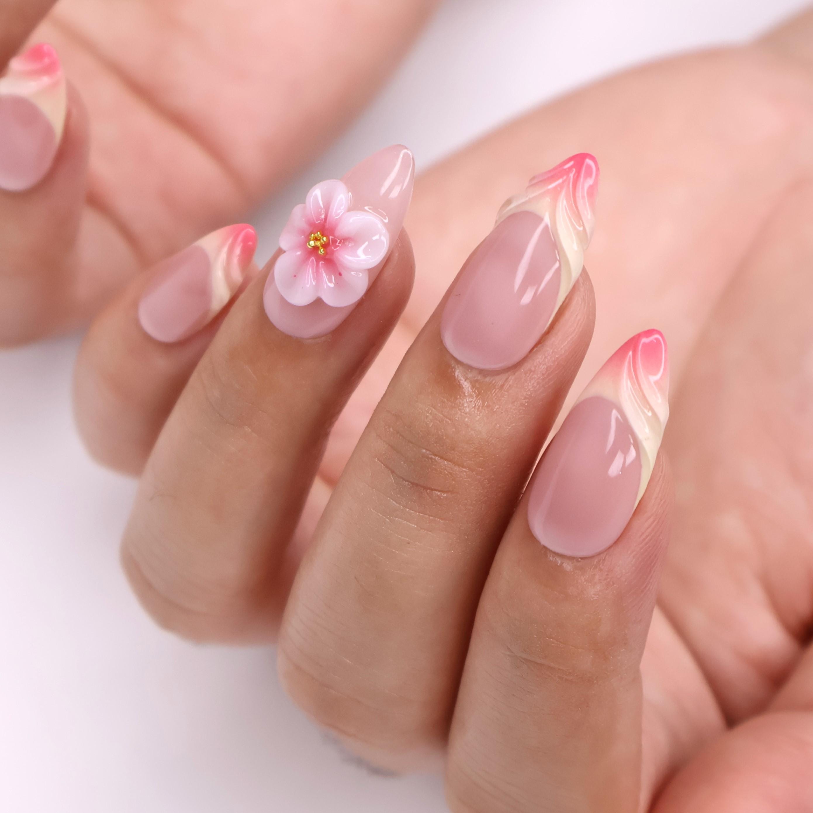Blooming Grace Almond Press-On Nails with 3D Floral Accent & Blush Ombre - Handmade Elegant Nails for a Romantic, Chic Look or Gift for Her