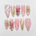 Butterfly Bloom Stiletto Press-On Nails with 3D Floral Accents & Plaid Details - Handmade Whimsical Nails for a Unique, Elegant Look or Gift