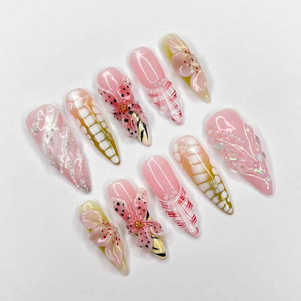 Butterfly Bloom Stiletto Press-On Nails with 3D Floral Accents & Plaid Details - Handmade Whimsical Nails for a Unique, Elegant Look or Gift