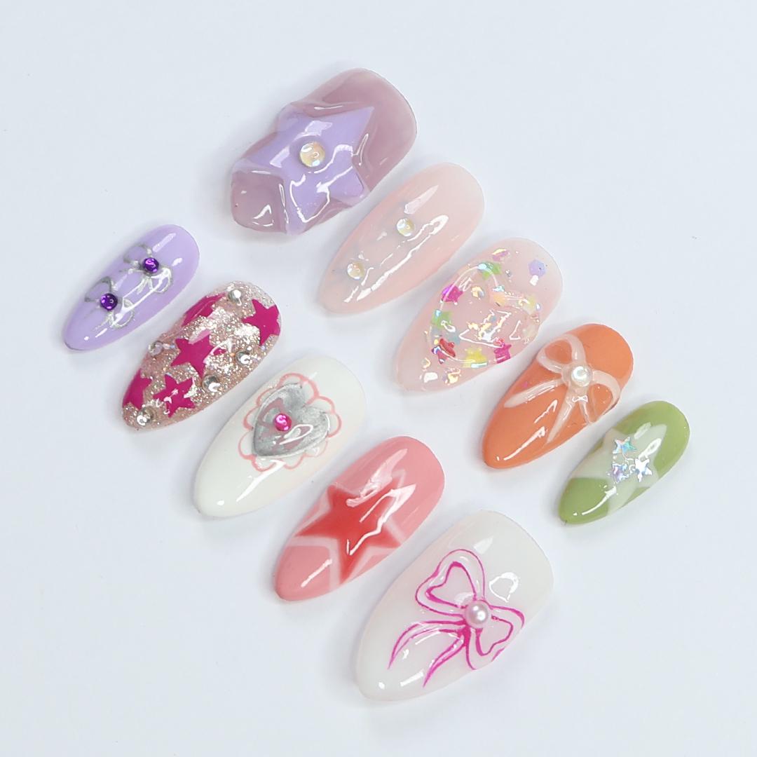 Freestyle 3D Medium Almond Press On Nails, Colourful Cute Handpainted Fake Nails, Holiday Birthday Event Nails Art