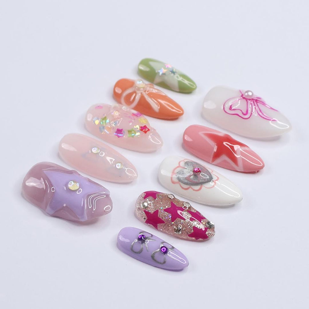 Freestyle 3D Medium Almond Press On Nails, Colourful Cute Handpainted Fake Nails, Holiday Birthday Event Nails Art