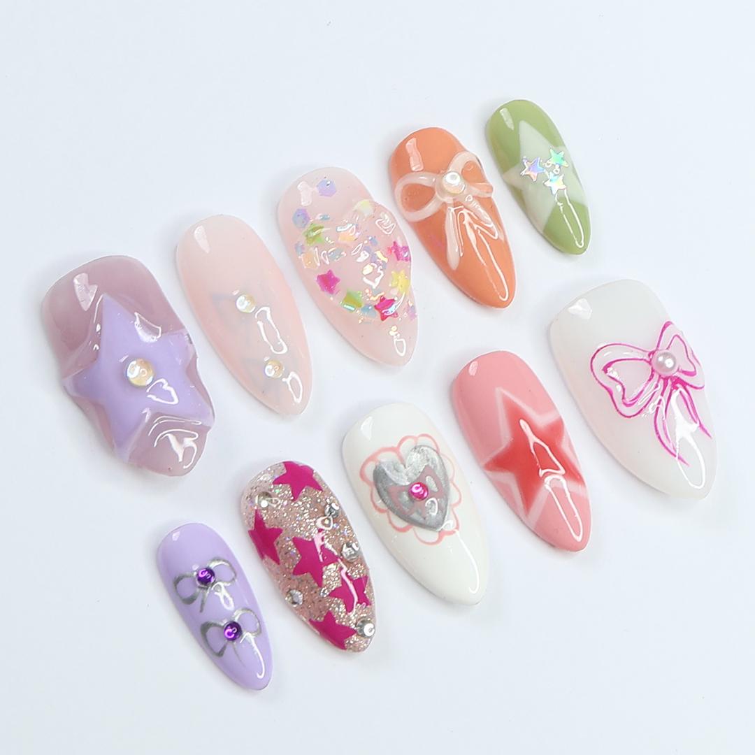 Freestyle 3D Medium Almond Press On Nails, Colourful Cute Handpainted Fake Nails, Holiday Birthday Event Nails Art