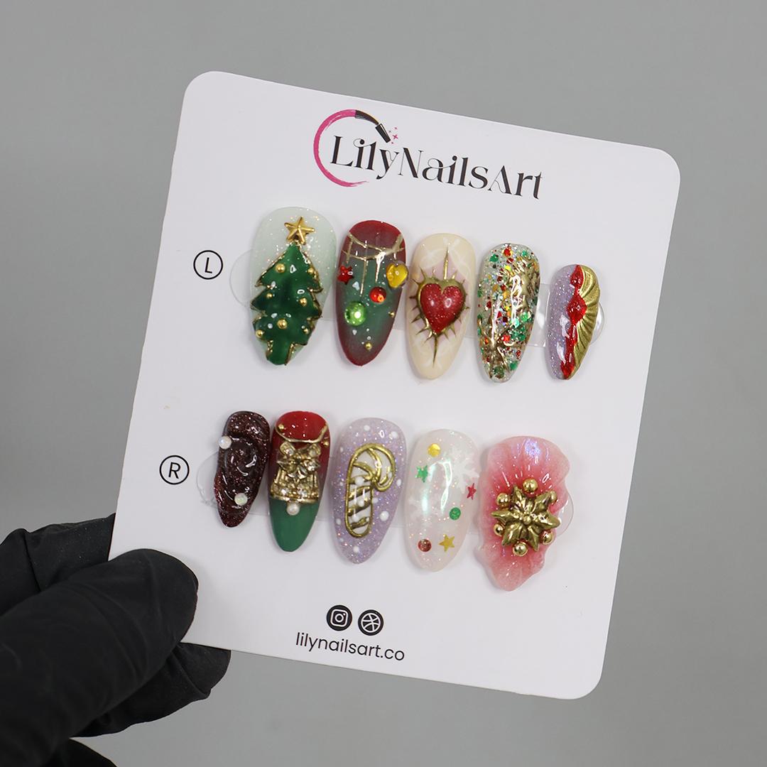 Unique Christmas Design Medium Almond Press On Nails - Luxurious Red & Green Holiday Nail Art , Gift for Her