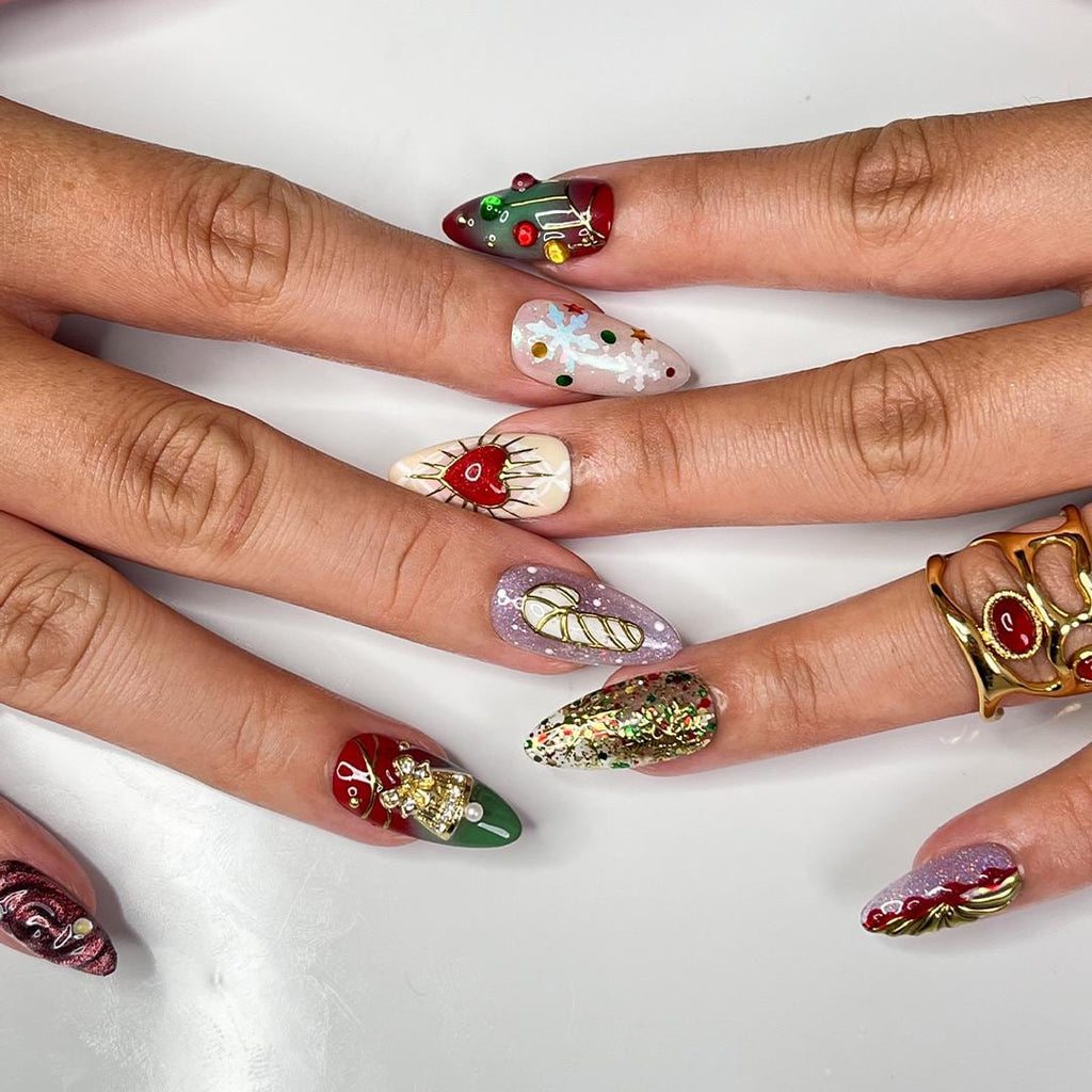 Unique Christmas Design Medium Almond Press On Nails - Luxurious Red & Green Holiday Nail Art , Gift for Her