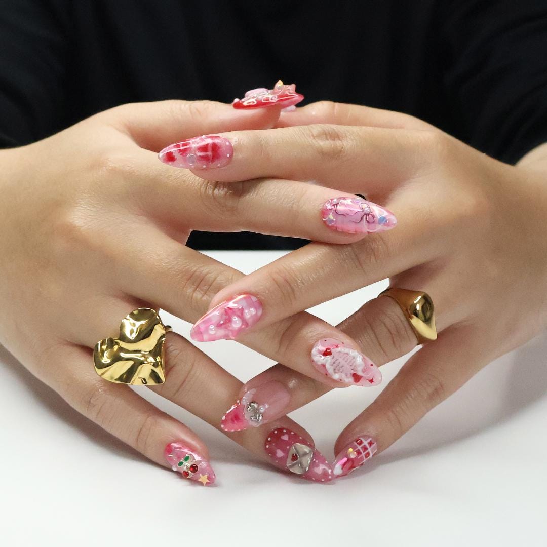 Kiss Me XO Pink Press-On Nails with Pearls, Bows & 3D Charms - Handmade Statement Nails for a Cute, Romantic and Playful Look or Gift
