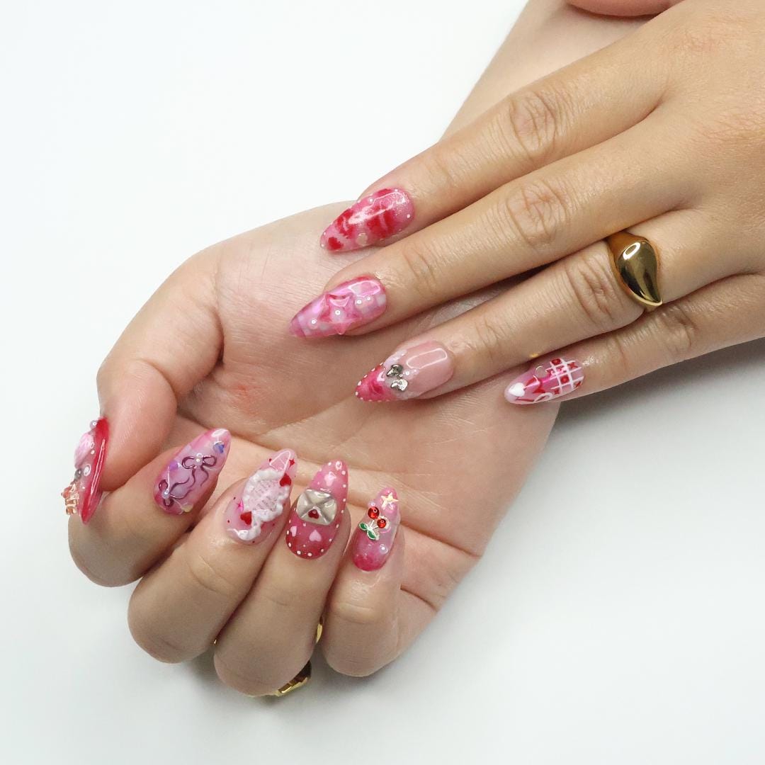 Kiss Me XO Pink Press-On Nails with Pearls, Bows & 3D Charms - Handmade Statement Nails for a Cute, Romantic and Playful Look or Gift