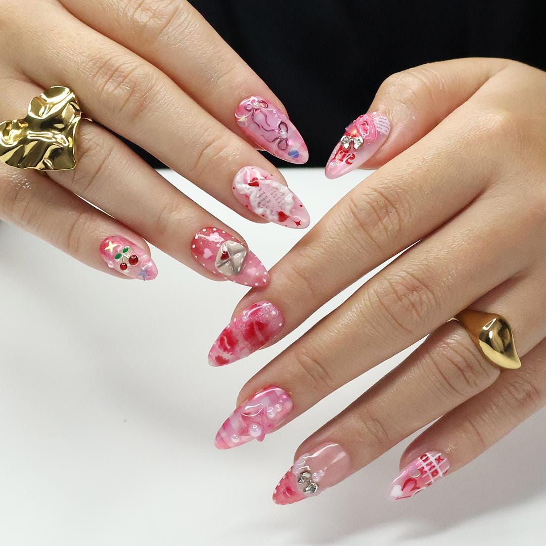 Kiss Me XO Pink Press-On Nails with Pearls, Bows & 3D Charms - Handmade Statement Nails for a Cute, Romantic and Playful Look or Gift