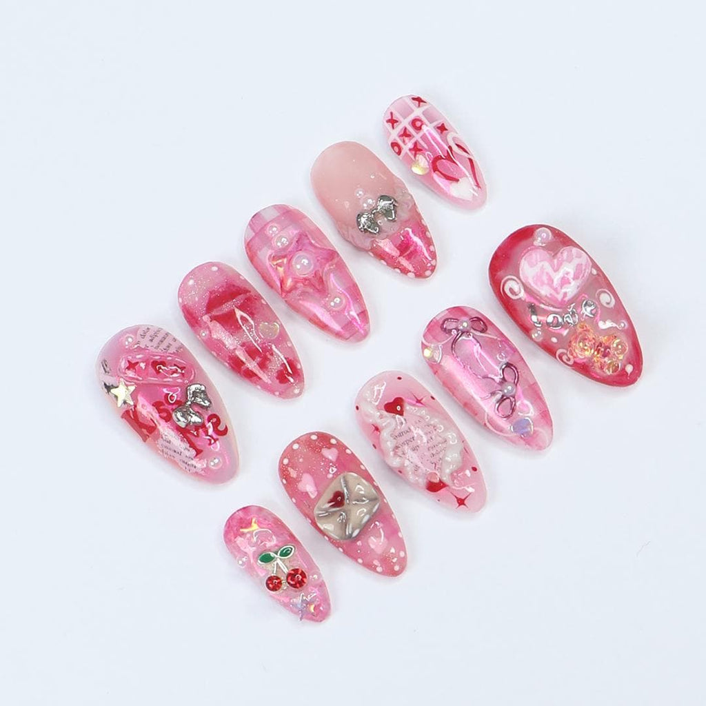 Kiss Me XO Pink Press-On Nails with Pearls, Bows & 3D Charms - Handmade Statement Nails for a Cute, Romantic and Playful Look or Gift