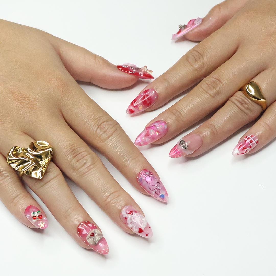 Kiss Me XO Pink Press-On Nails with Pearls, Bows & 3D Charms - Handmade Statement Nails for a Cute, Romantic and Playful Look or Gift