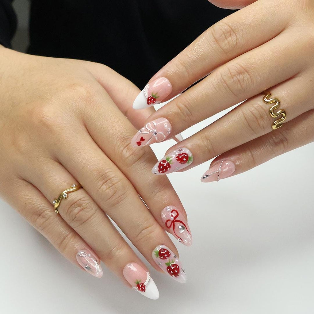 Love at First Berry Almond Press-On Nails with Strawberries, Pearls & Bows - Handmade Statement Nails for a Sweet and Elegant Look or Gift