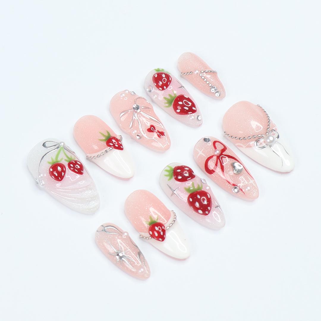 Love at First Berry Almond Press-On Nails with Strawberries, Pearls & Bows - Handmade Statement Nails for a Sweet and Elegant Look or Gift