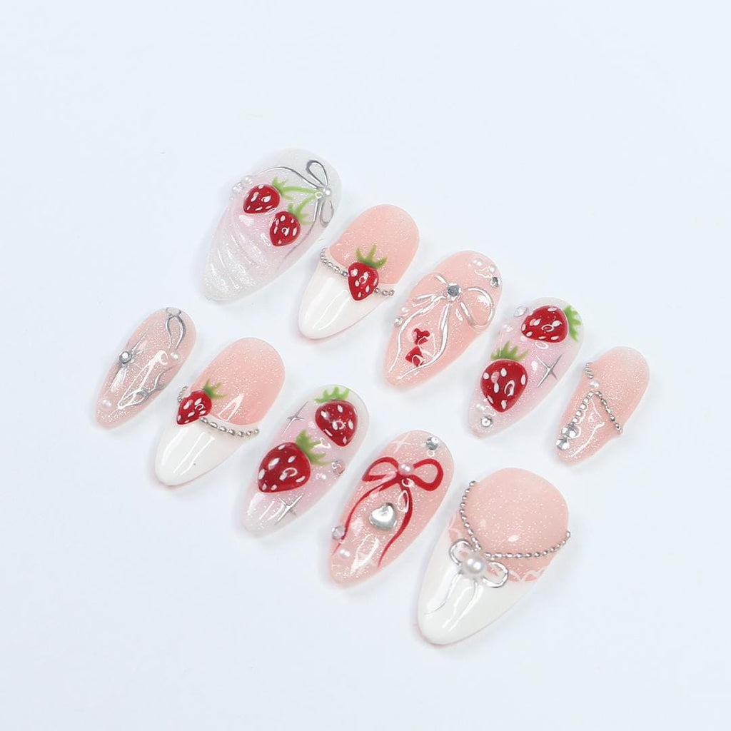 Love at First Berry Almond Press-On Nails with Strawberries, Pearls & Bows - Handmade Statement Nails for a Sweet and Elegant Look or Gift