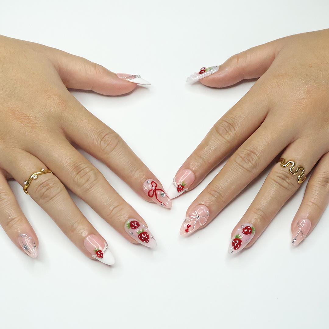 Love at First Berry Almond Press-On Nails with Strawberries, Pearls & Bows - Handmade Statement Nails for a Sweet and Elegant Look or Gift