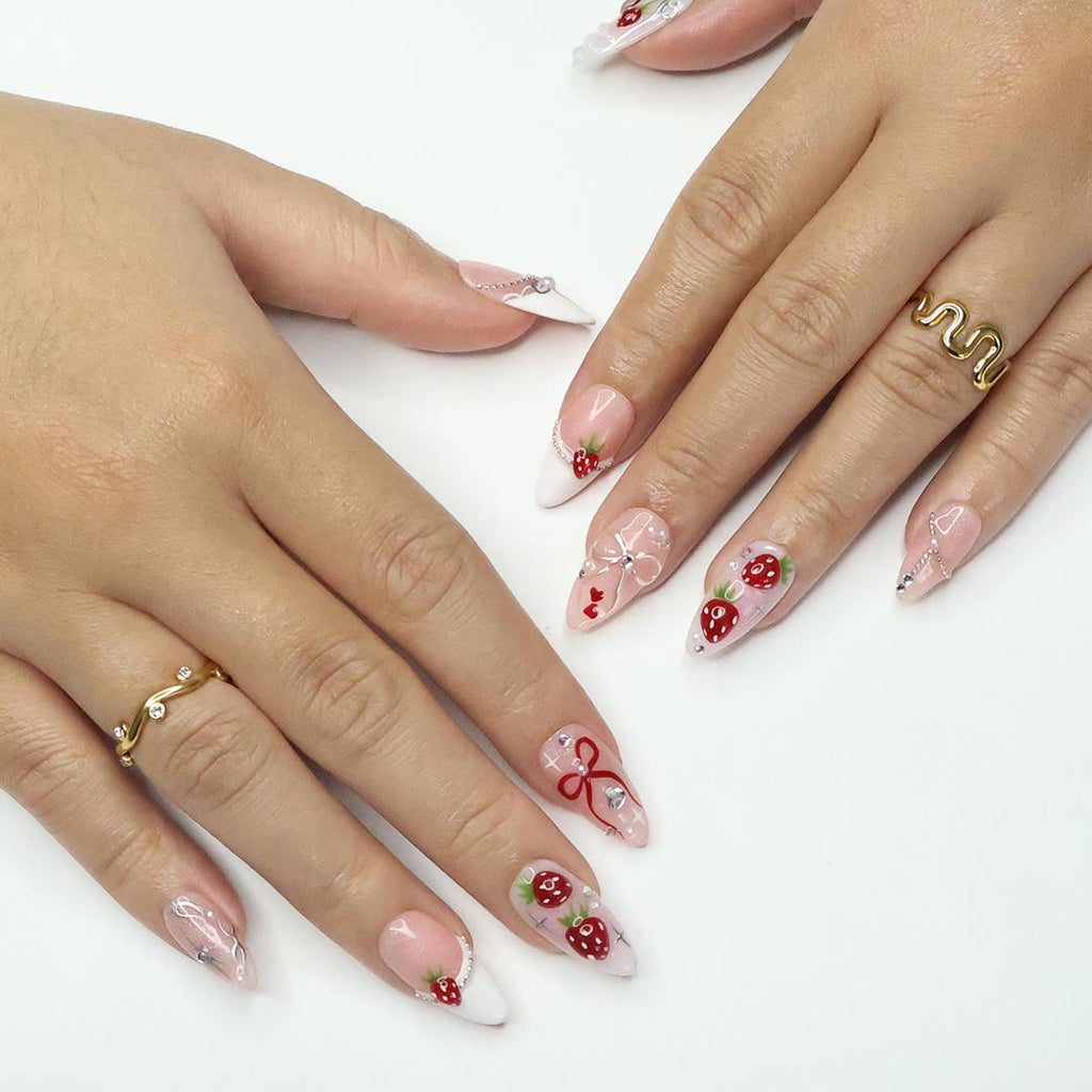 Love at First Berry Almond Press-On Nails with Strawberries, Pearls & Bows - Handmade Statement Nails for a Sweet and Elegant Look or Gift