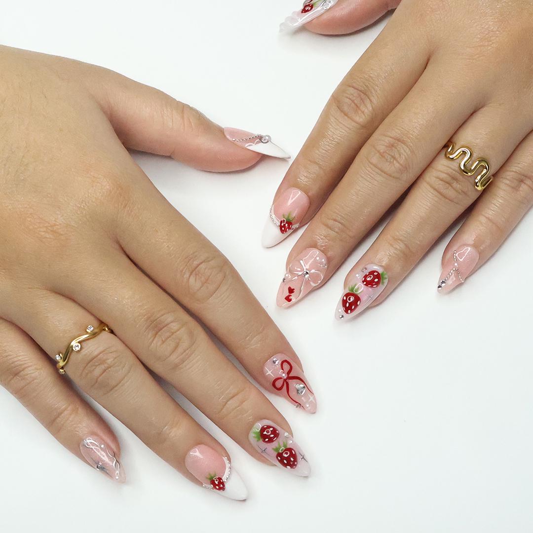 Love at First Berry Almond Press-On Nails with Strawberries, Pearls & Bows - Handmade Statement Nails for a Sweet and Elegant Look or Gift