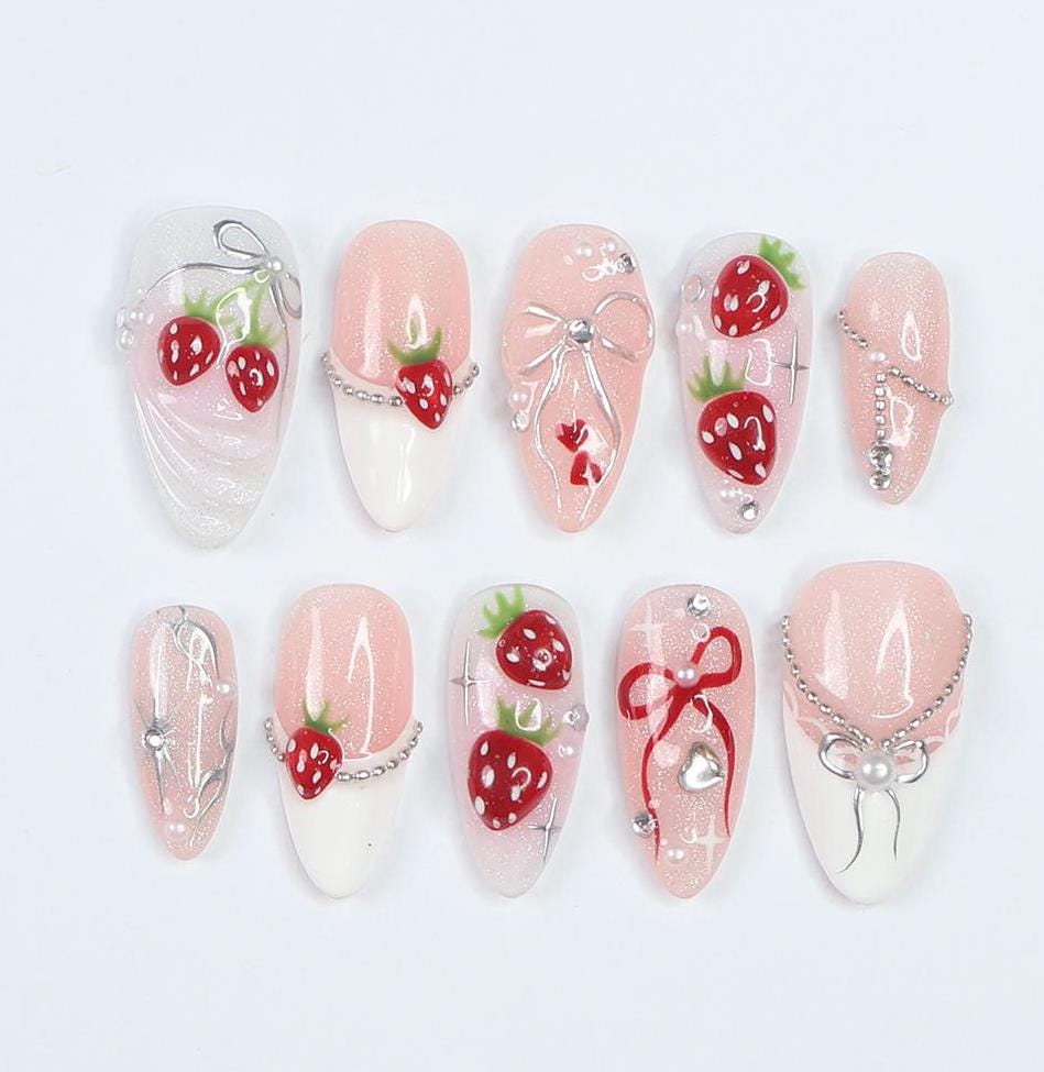 Love at First Berry Almond Press-On Nails with Strawberries, Pearls & Bows - Handmade Statement Nails for a Sweet and Elegant Look or Gift