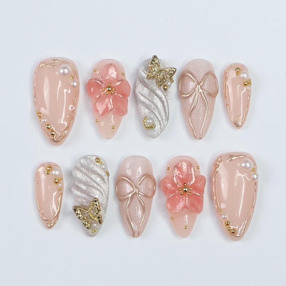 Blush Elegance Press-On Nails with 3D Flowers, Bows & Gold Details - Handmade Chic Nails for a Romantic and Glamorous Look or Gift for Her