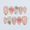 Blush Elegance Press-On Nails with 3D Flowers, Bows & Gold Details - Handmade Chic Nails for a Romantic and Glamorous Look or Gift for Her