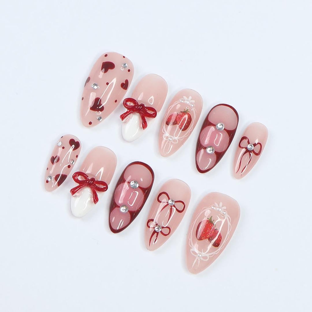 Berry Love Almond Press-On Nails with 3D Bows, Hearts & Strawberries - Handmade Statement Nails for a Romantic and Elegant Look or Gift