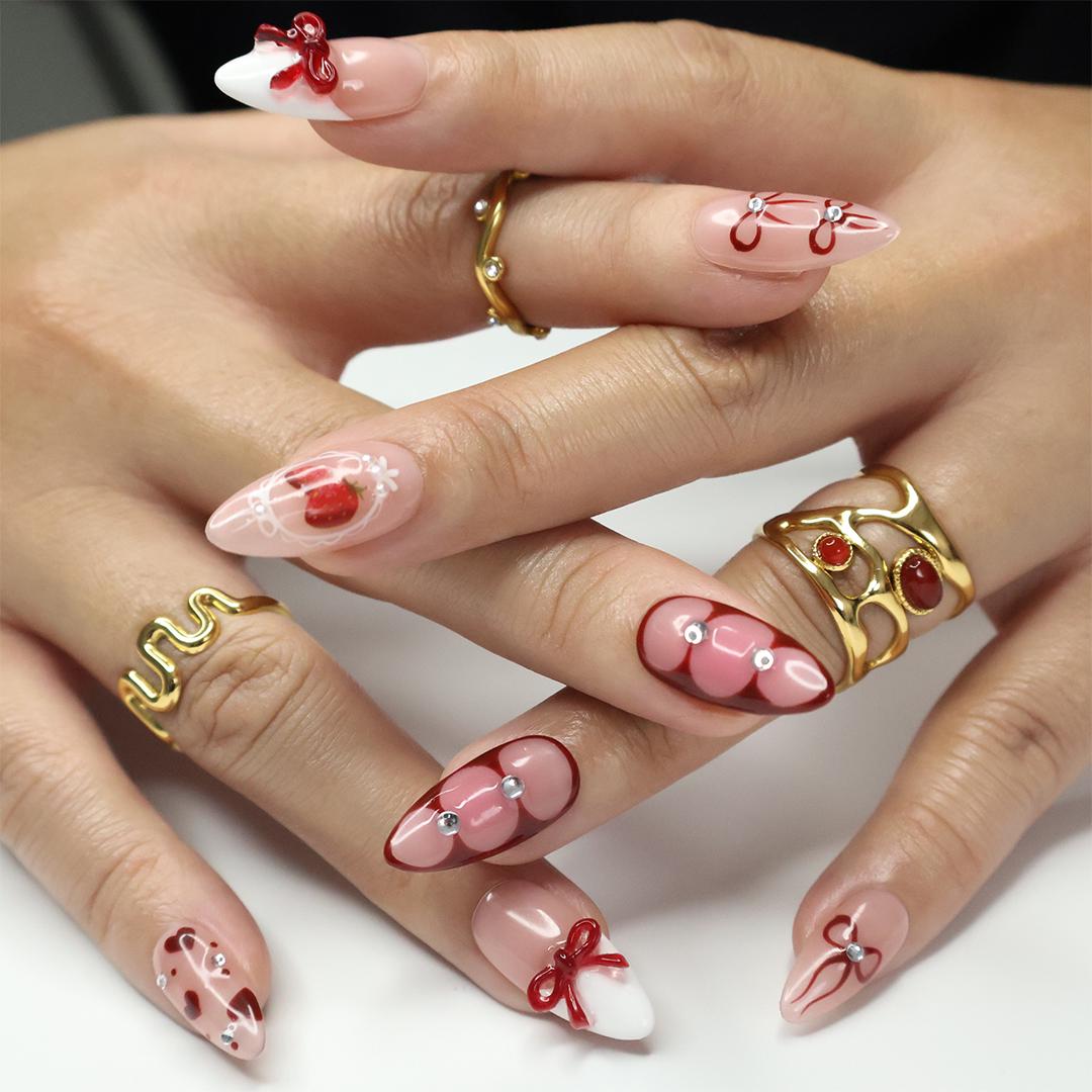 Berry Love Almond Press-On Nails with 3D Bows, Hearts & Strawberries - Handmade Statement Nails for a Romantic and Elegant Look or Gift