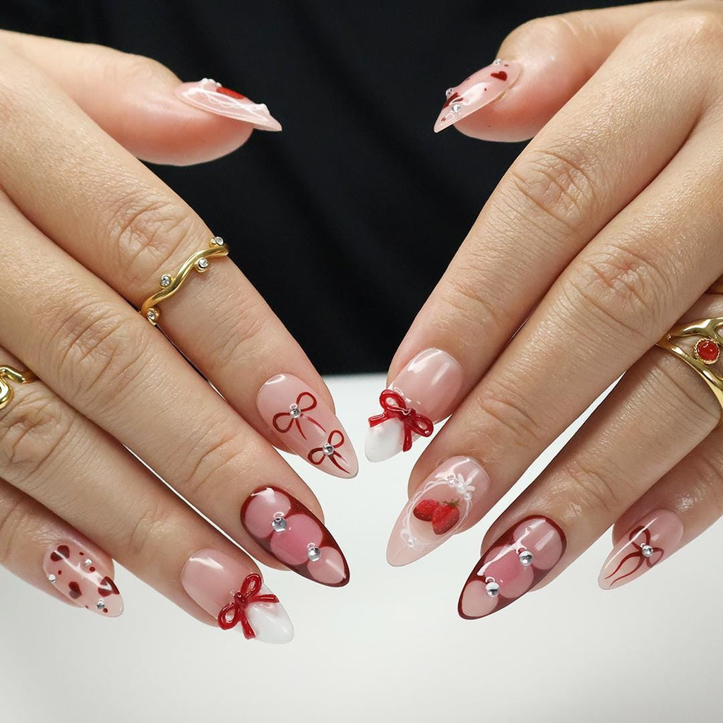 Berry Love Almond Press-On Nails with 3D Bows, Hearts & Strawberries - Handmade Statement Nails for a Romantic and Elegant Look or Gift