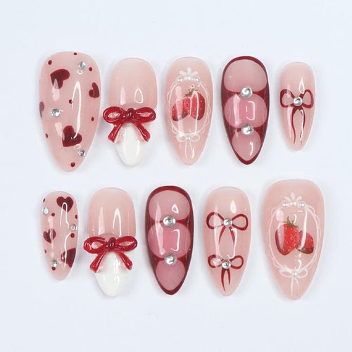 Berry Love Almond Press-On Nails with 3D Bows, Hearts & Strawberries - Handmade Statement Nails for a Romantic and Elegant Look or Gift